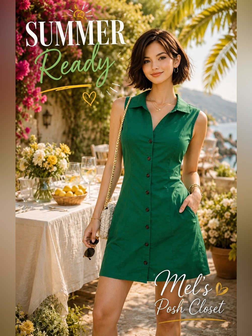 Lost + Wander Green Button Front Shirt Dress Small | Structured Sleeveless Mini